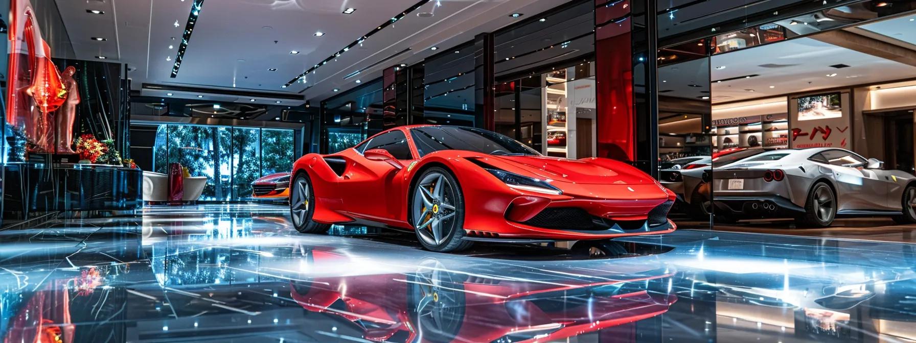 a luxurious used ferrari is prominently displayed in a sleek, modern showroom, surrounded by polished marble floors and sophisticated lighting, emphasizing the allure of high-end automotive pricing.