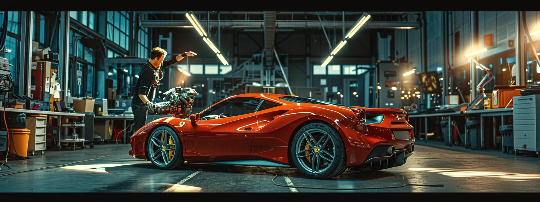 a polished ferrari gleams under bright office lights as a focused mechanic inspects its engine, highlighting the meticulous attention to performance and reliability during a pre-purchase inspection.