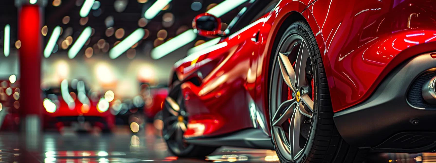 a polished red ferrari gleams under the soft glow of showroom lights, showcasing its sleek design against a backdrop of luxury automotive accessories and maintenance tools, embodying the high cost of ownership.