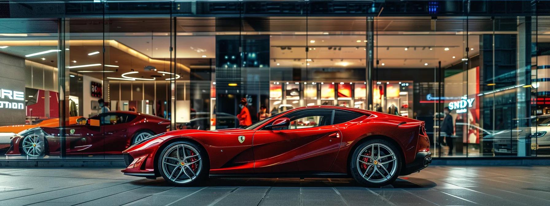 a sleek, crimson ferrari gleams under the bright lights of a modern urban dealership, showcasing its luxurious curves alongside enthusiastic buyers exploring detailed listings on high-tech tablets.