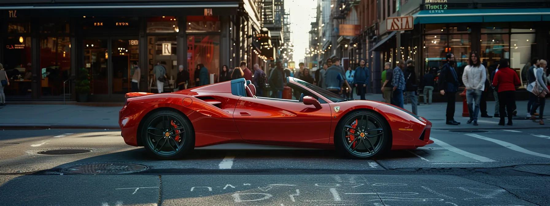 a sleek ferrari 488 convertible is showcased in a modern urban setting, gleaming under the spotlight with its vibrant red finish, exuding luxury and powerful performance, surrounded by an audience of captivated automotive enthusiasts.