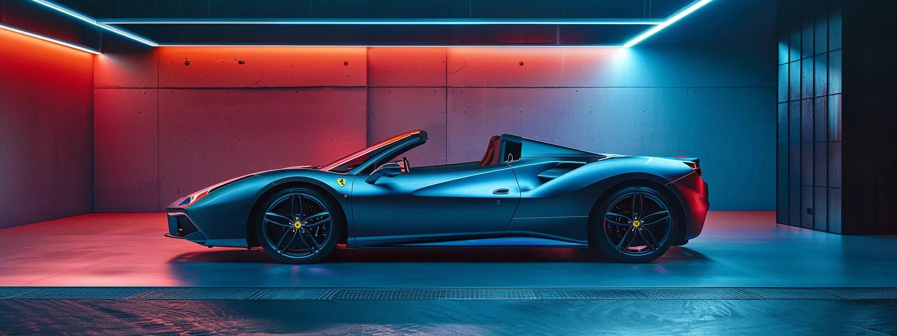 a sleek ferrari 488 convertible, glistening under studio lights, showcases its aerodynamic curves and bold italian design in a modern urban garage, highlighting the fusion of luxury and high-performance engineering.