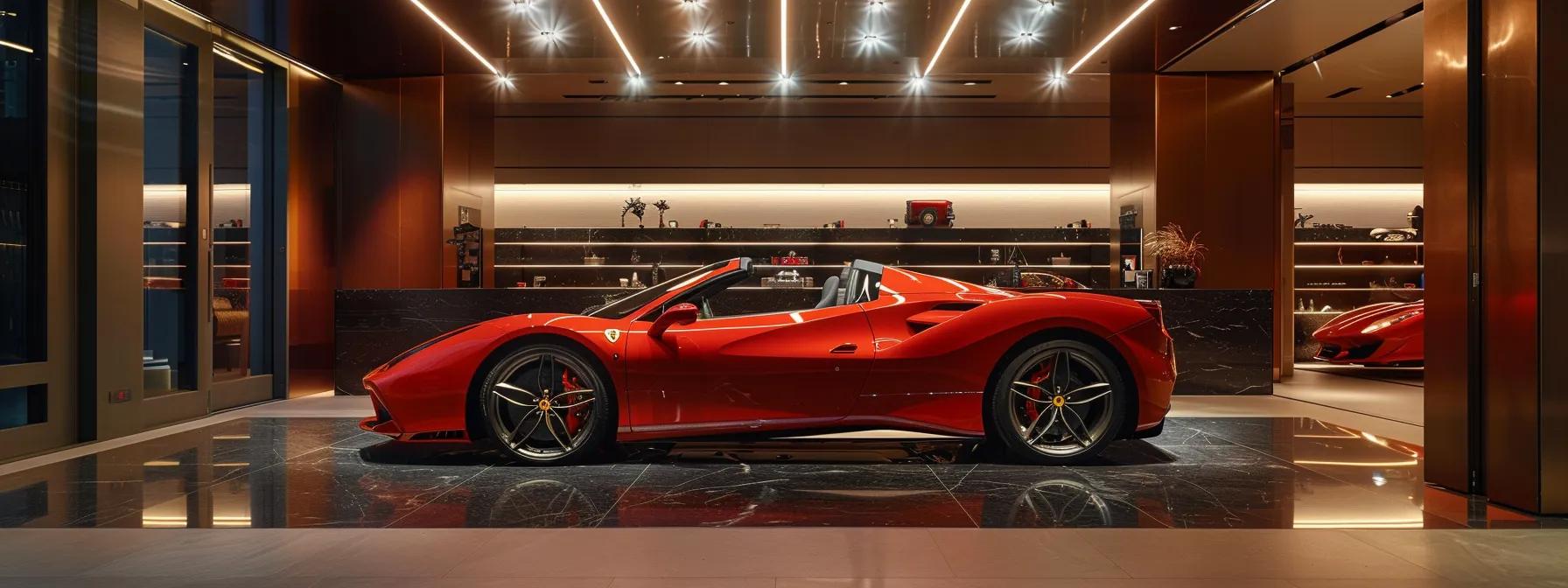 a sleek ferrari 488 convertible gleams under the polished lights of a modern luxury car showroom, showcasing its vibrant red exterior and customized interior, emphasizing the ultimate blend of performance and elegance in ownership.