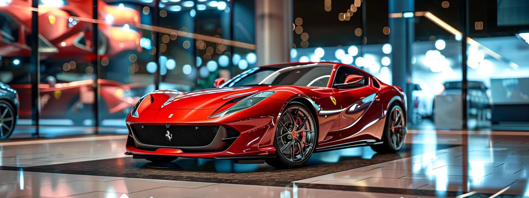 a sleek ferrari 812 gts, glistening under the bright lights of a high-end luxury car dealership, showcases its striking design and powerful presence, enticing discerning buyers in a modern, polished showroom.