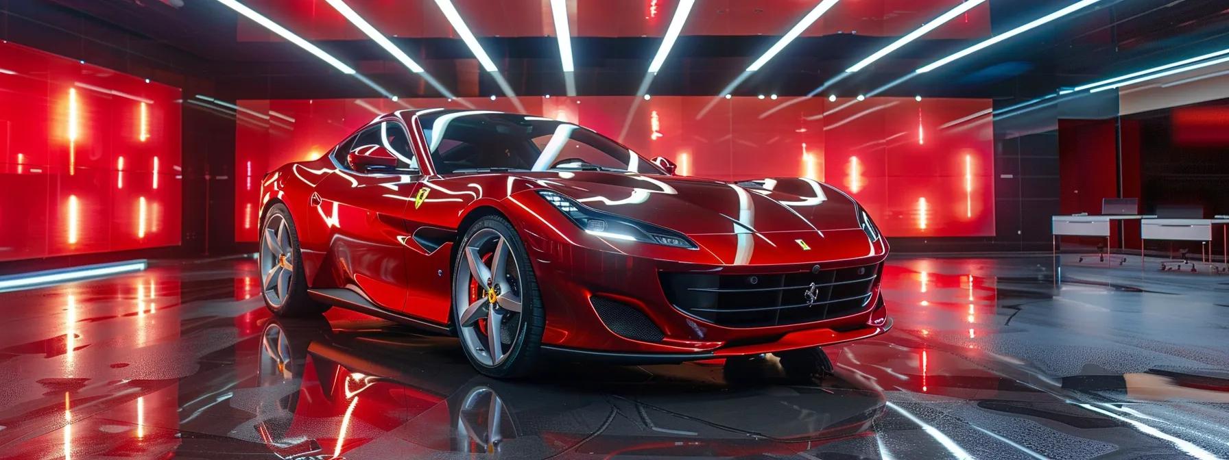 a sleek ferrari in a modern automotive design studio showcases vibrant, glossy paint finishes under bright overhead lights, emphasizing the cutting-edge technology and high-performance materials used in its color applications.