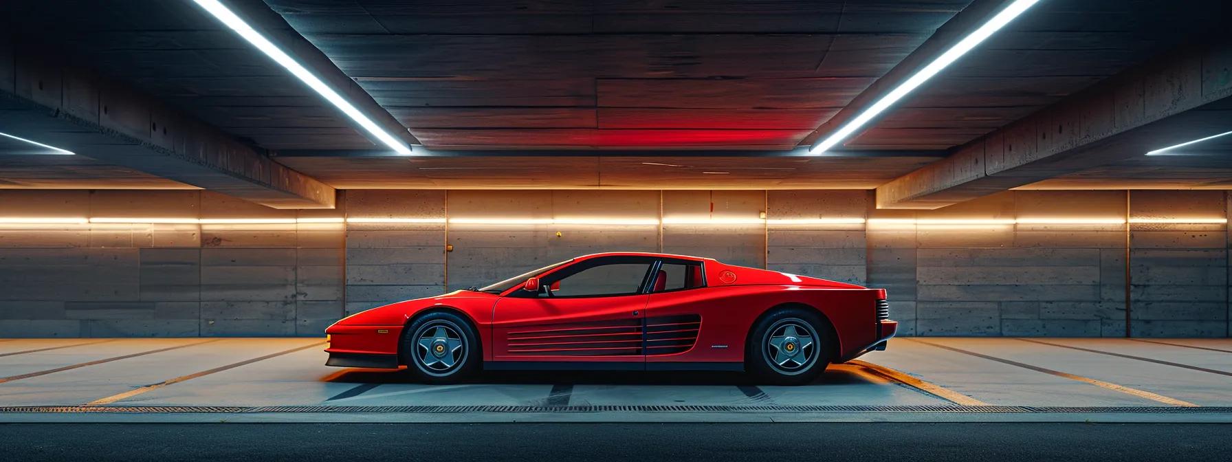 a sleek ferrari testarossa, with its iconic wide body and gleaming red exterior, is showcased against the backdrop of an upscale urban garage, illuminated by dramatic overhead lighting that highlights its aerodynamic lines and powerful presence.