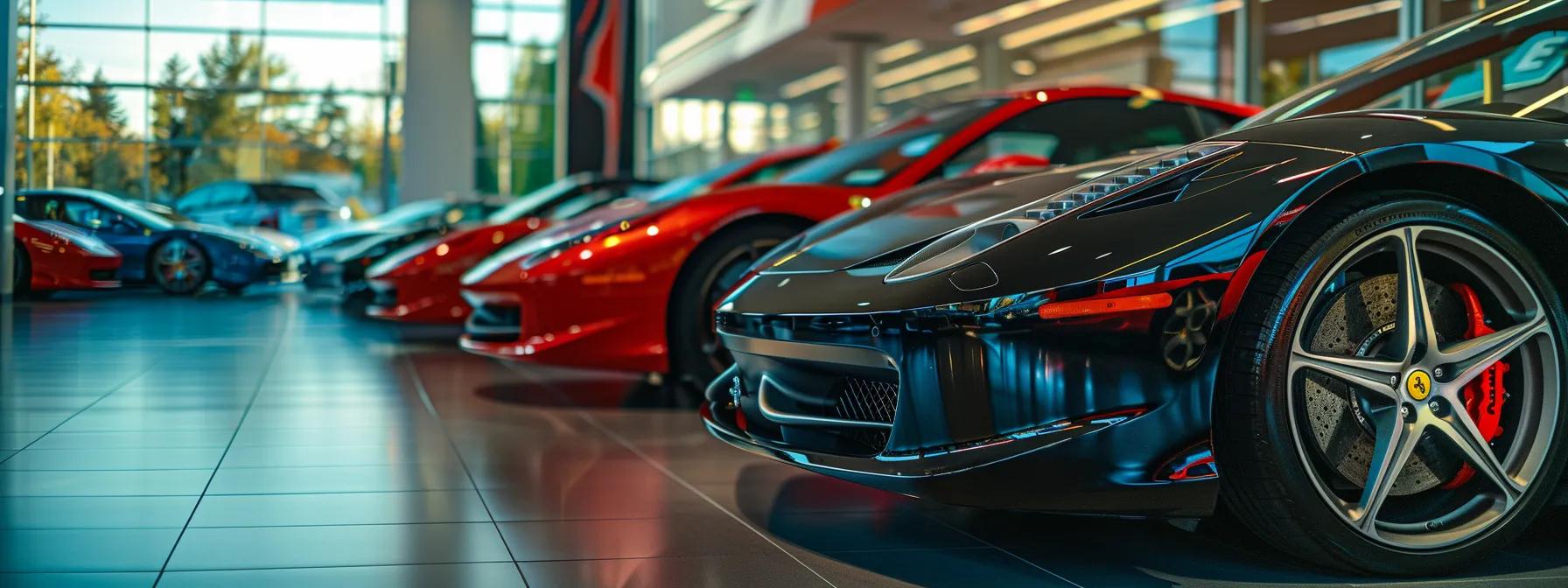 a sleek, glossy interior of a luxury car dealership showcases a striking lineup of used ferrari models under bright, focused lighting, emphasizing their elegance and allure as potential buyers examine pricing and condition.