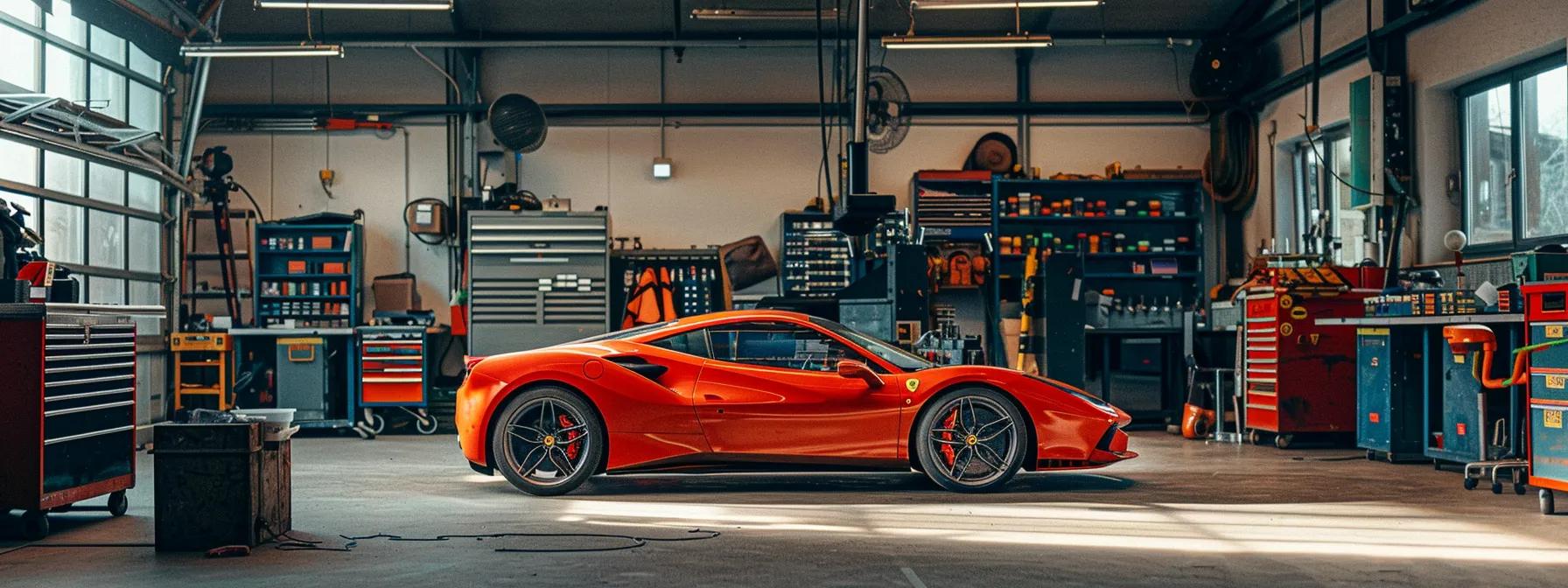 a sleek, luxurious ferrari is showcased in a high-end automotive workshop, with gleaming tools and specialized equipment in the background, highlighting the meticulous maintenance and repair process that underscores the costs of ownership.
