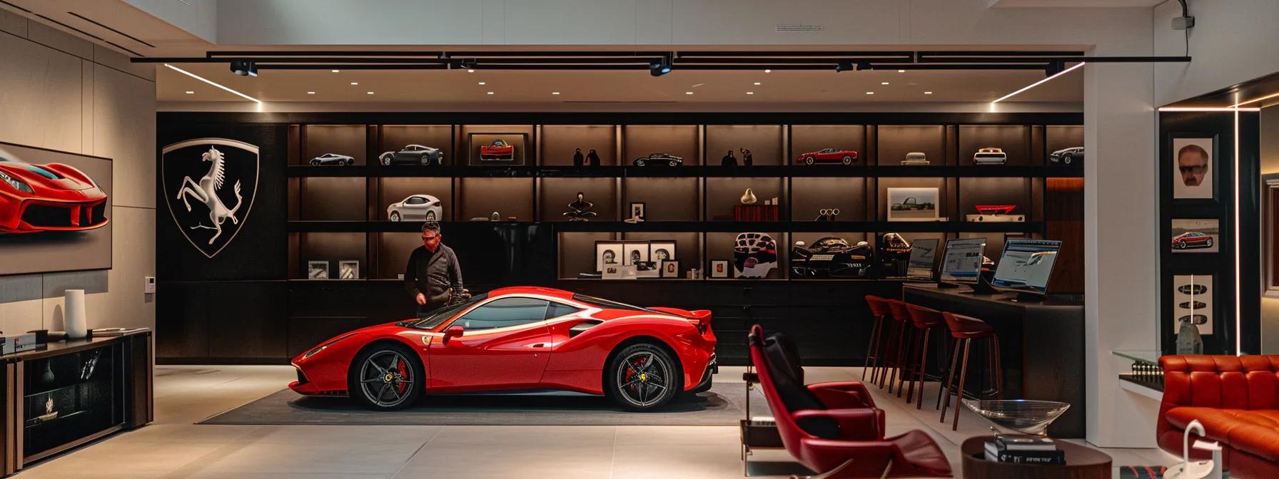 a sleek, modern office filled with automotive memorabilia showcases a knowledgeable consultant engaging with a ferrari enthusiast, highlighting the meticulous research and expert guidance that ensure a seamless buying experience.