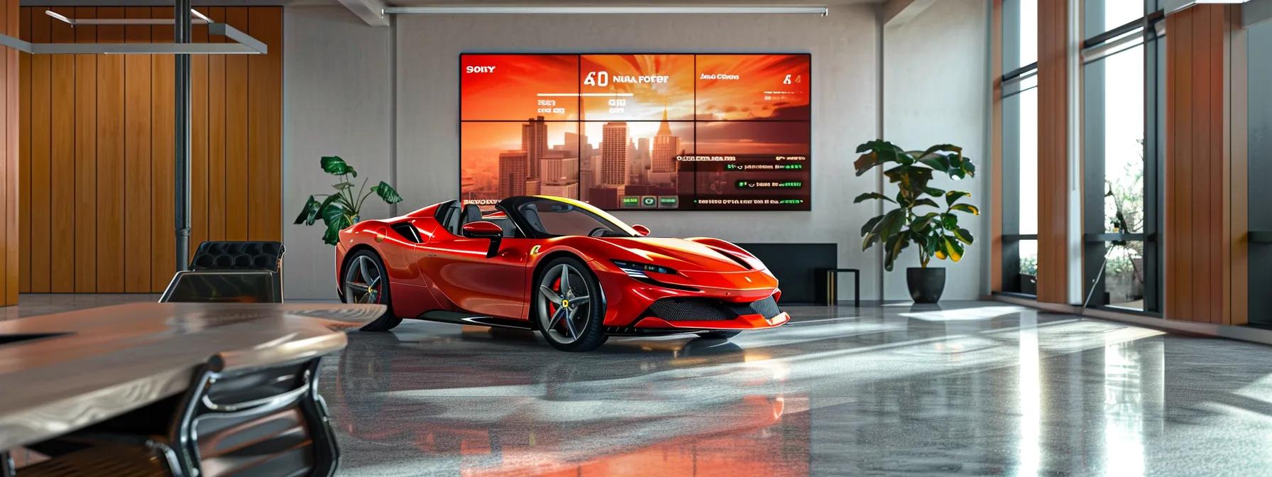 a sleek, modern office interior showcases a luxurious ferrari parked prominently with financial charts and leasing options displayed on a polished conference table, emphasizing the intersection of high-end automotive dreams and strategic financial planning.