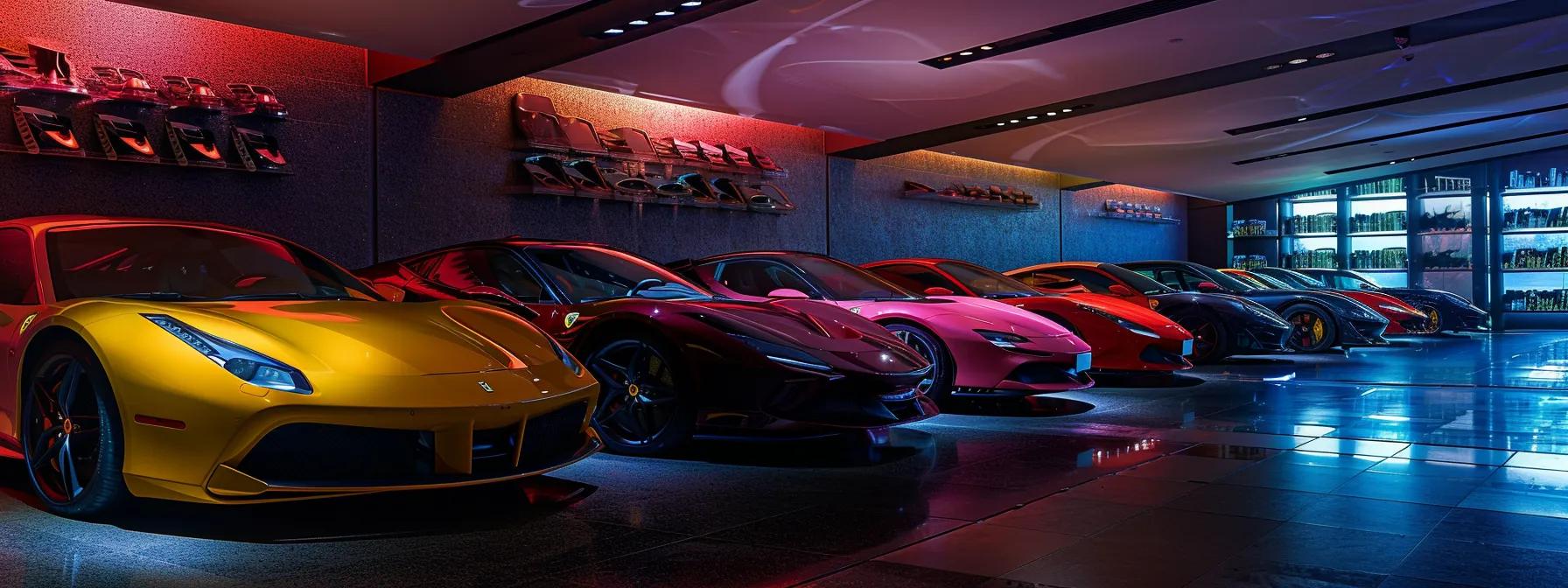 a sleek, modern showroom showcasing a vibrant array of recently released ferrari cars in striking colors, illuminated by dramatic spotlights, emphasizing their unique design and luxurious appeal.