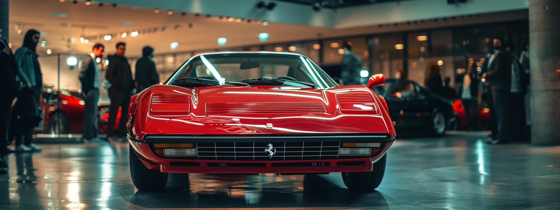 a sleek, polished 1980s ferrari stands prominently in a modern auction house, illuminated by dramatic spotlights that highlight its iconic curves, while interested collectors and bidders engage intently in the background.