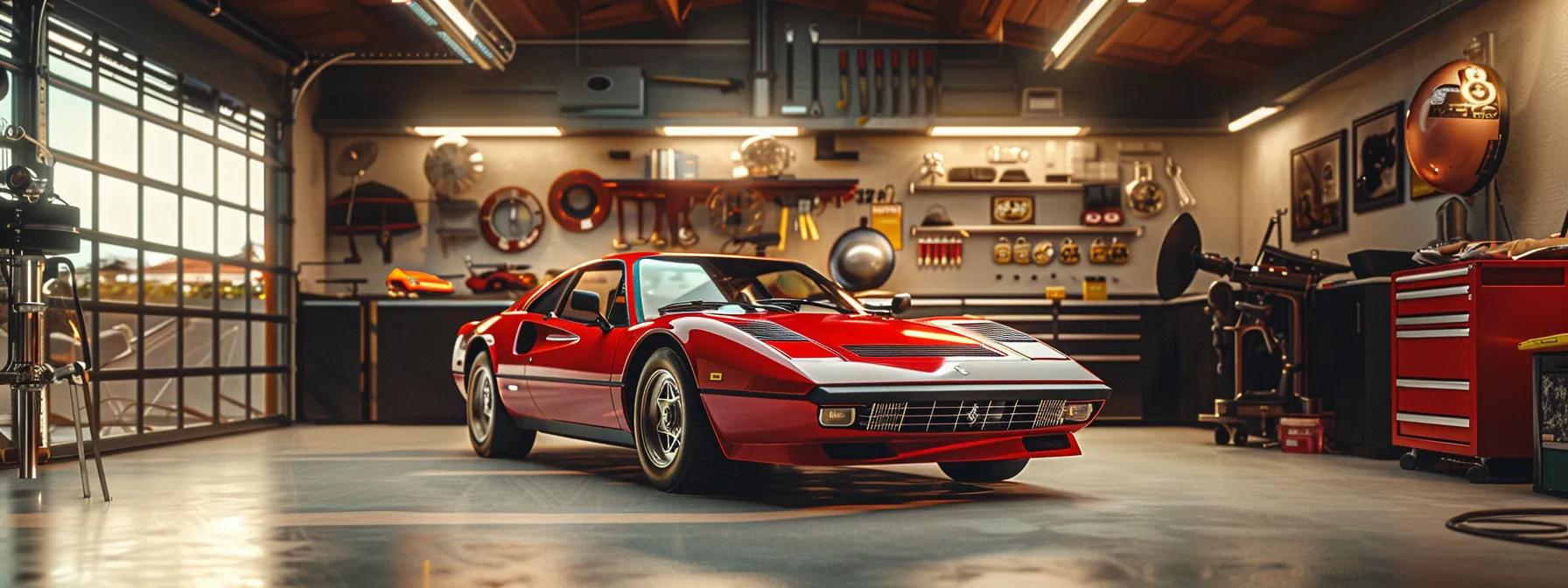 a sleek, polished 1980s ferrari parked in a well-lit, modern garage, showcasing its timeless design and pristine red paint, with tools and maintenance equipment artfully arranged nearby to emphasize the theme of vintage car care.