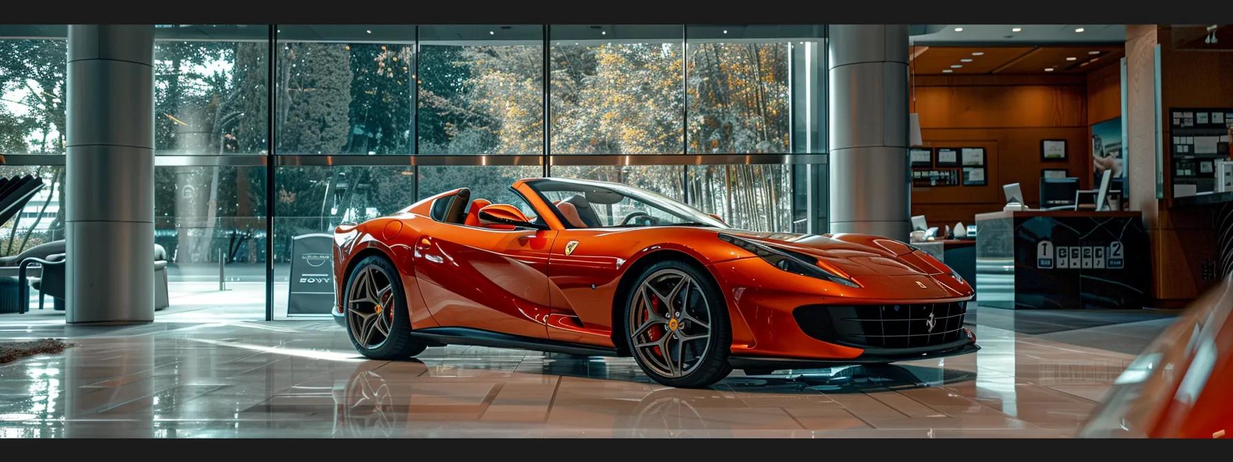 a sleek, pre-owned ferrari parked in an upscale urban showroom, surrounded by financial documents and a calculator, illustrating the comprehensive financial planning essential for luxury car ownership.