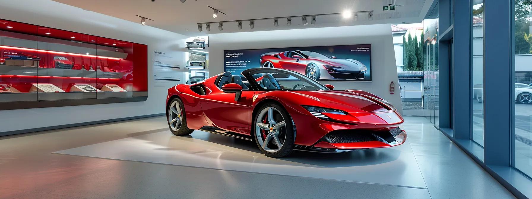 a sleek red ferrari is prominently displayed in a modern dealership, surrounded by a polished, minimalist interior, highlighting the luxury and sophistication of the brand while showcasing a digital screen filled with faqs and customer inquiries about the iconic sports car.