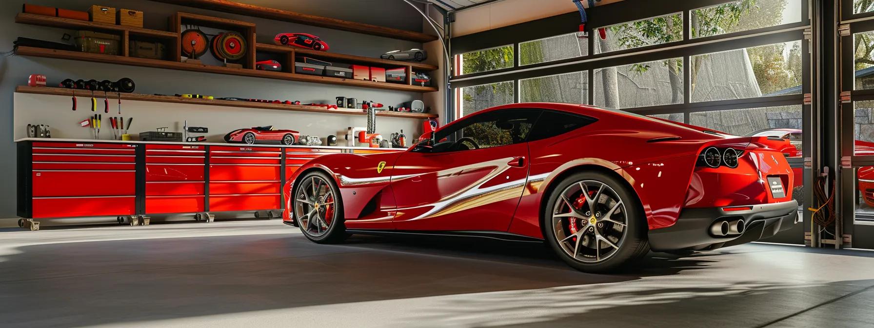 a sleek red ferrari is prominently displayed in a modern, stylish garage, showcasing gleaming metallic surfaces and organized tools, emphasizing meticulous care and maintenance essential for used luxury car ownership.