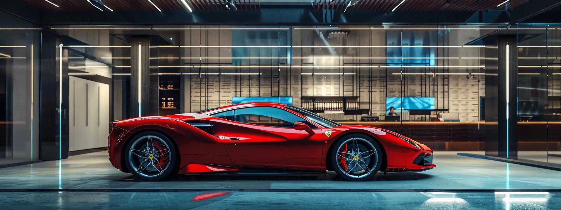a sleek red ferrari parked inside a modern, minimalist office garage, emphasizing the contrast between luxury and financial strategy, with dramatic spotlights illuminating its polished curves against a backdrop of financial charts and ownership documents.
