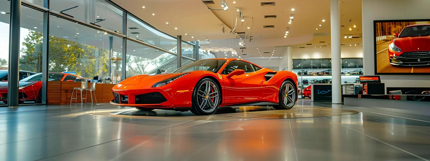 a sleek red ferrari sits prominently in a modern dealership showroom, illuminated by bright spotlights, showcasing the luxurious ownership experience alongside a polished service area where expert technicians prepare for meticulous maintenance.