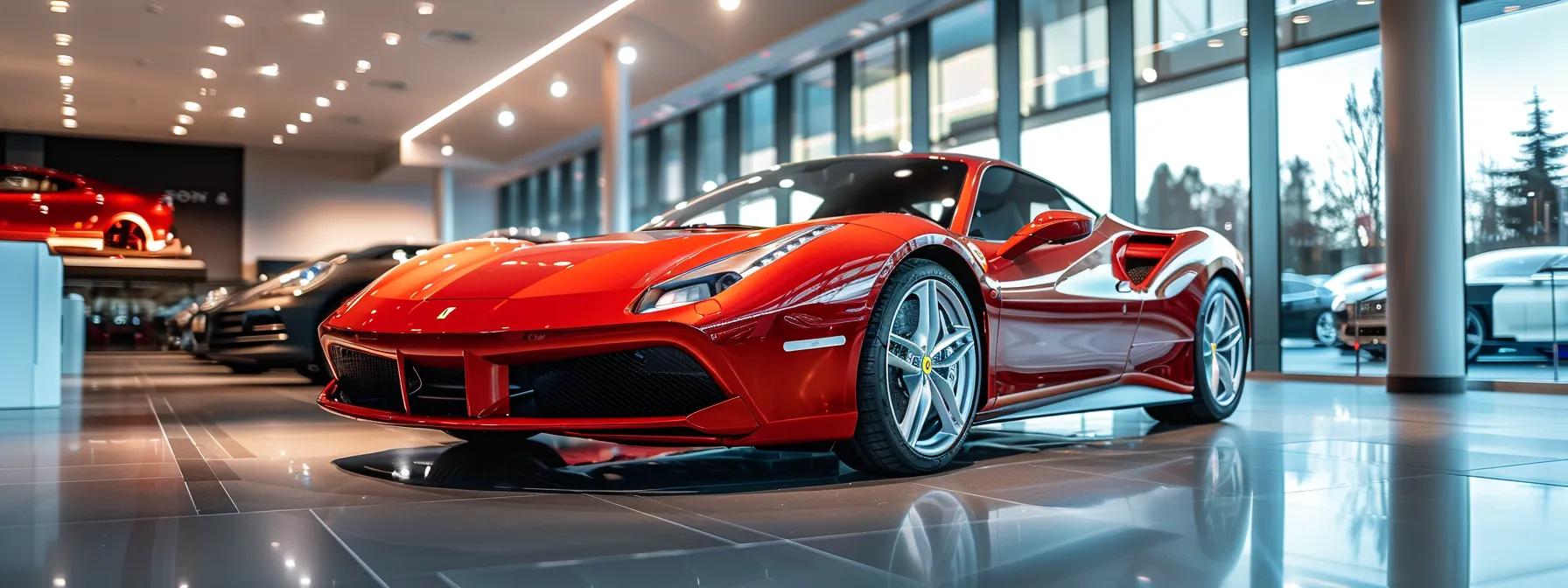 a sleek, red pre-owned ferrari glistens under bright showroom lights, prominently displayed in a modern, upscale car dealership, symbolizing luxury and the thrill of a well-informed purchase.