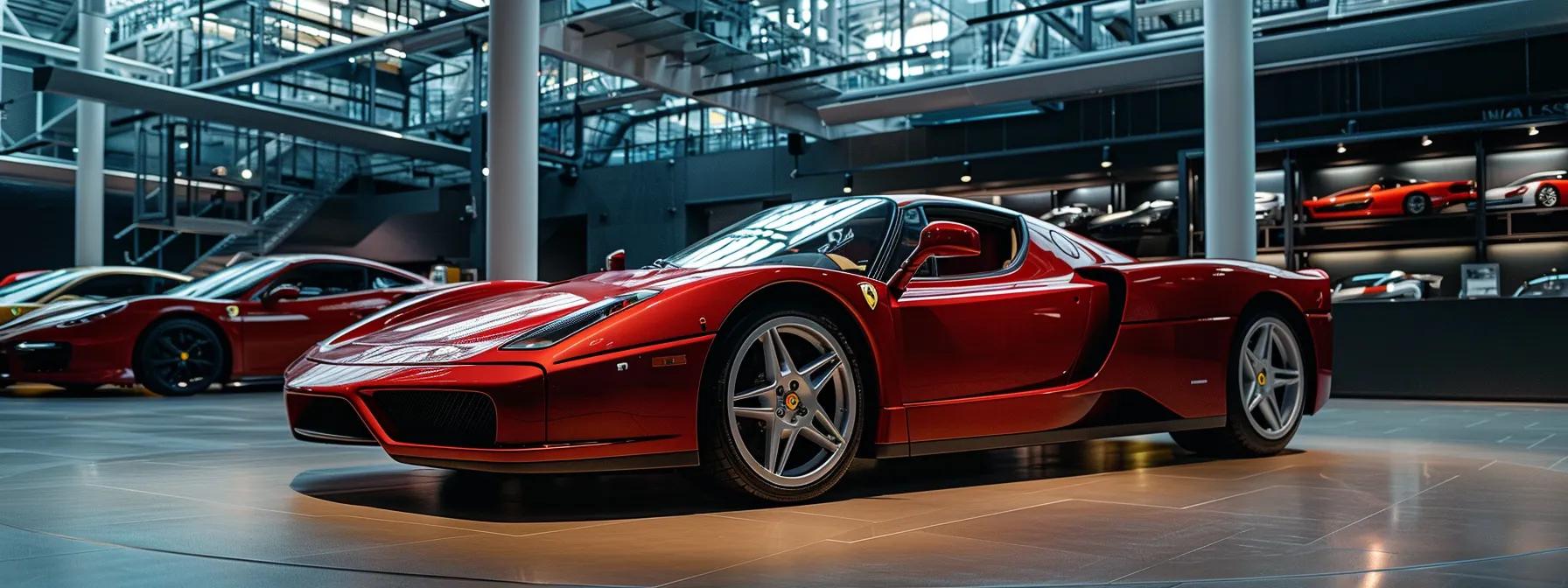 a sleek, vibrant used ferrari displayed in a luxurious indoor showroom, highlighting its immaculate craftsmanship and distinctive design, with detailed authenticity documents elegantly arranged nearby.