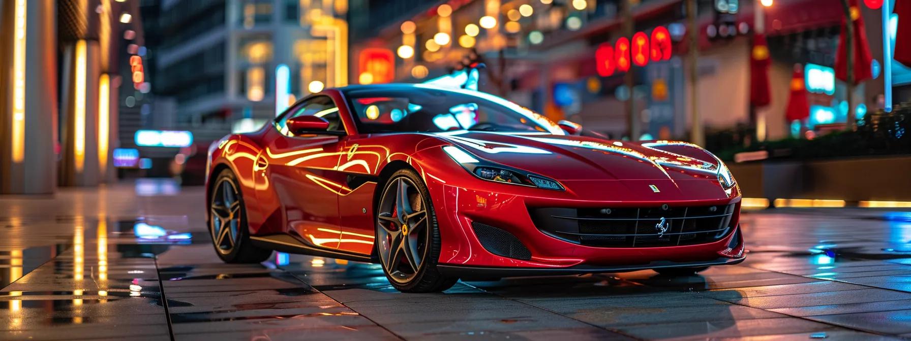 a striking close-up of a sleek red ferrari parked in a chic urban setting at dusk, its glossy finish reflecting the vibrant city lights, emphasizing the boldness and prestige of the brand's signature colors.