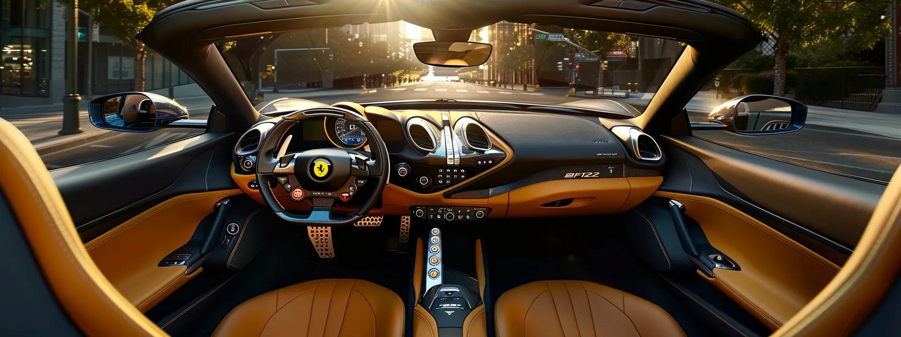 a striking interior shot of a ferrari 812 gts showcases the luxurious dashboard and leather details while emphasizing the open-top design against a sleek, urban backdrop, capturing the essence of performance and exclusivity that owners rave about.