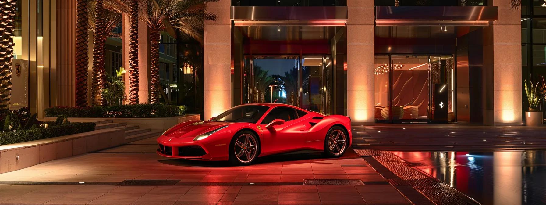 an elegant showcase of a ferrari parked in a sleek urban environment, illuminated by dynamic lighting that accentuates its iconic red finish, symbolizing the brand's influential color strategy in automotive design.