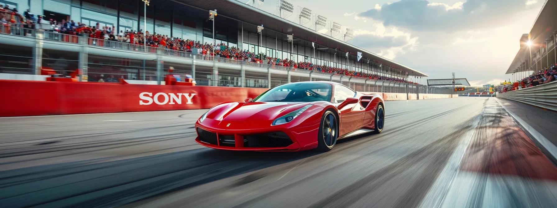 an exhilarating ferrari driving experience captured on a racetrack, showcasing a sleek ferrari 488 in motion, with vibrant tire marks on asphalt, surrounded by enthusiastic spectators and a high-tech backdrop of racing banners.