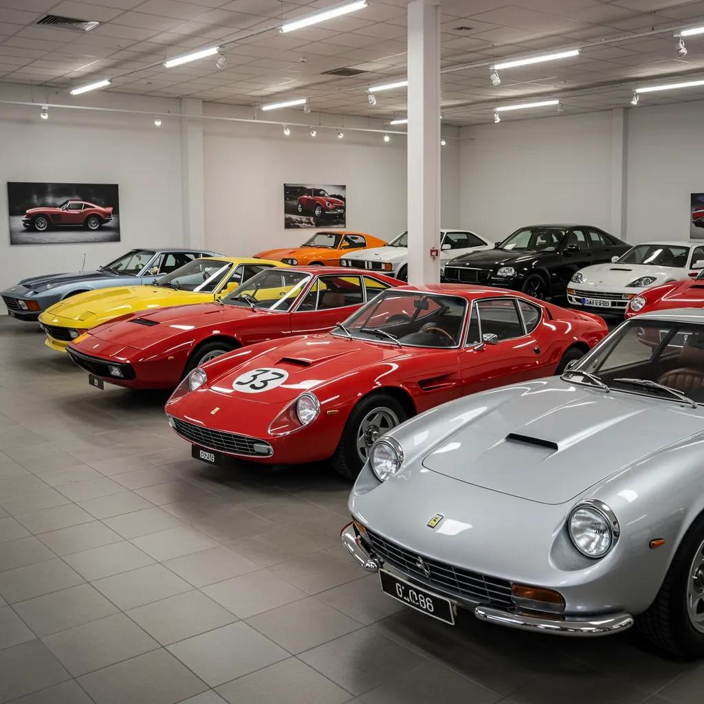 Collection of classic and modern Ferrari models in a showroom, illustrating appreciation trends