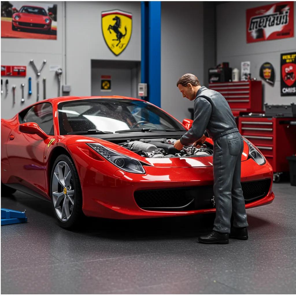 Mechanic inspecting a Ferrari engine during a pre-purchase inspection, emphasizing thorough evaluation